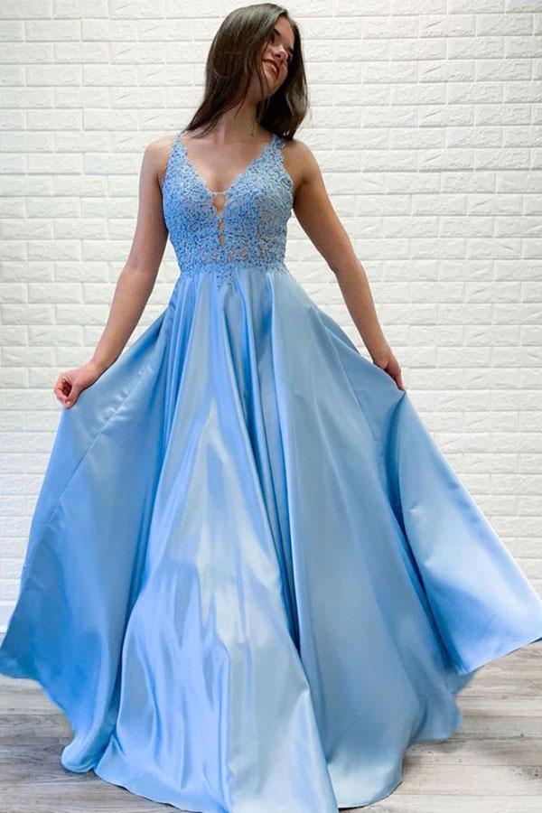 A-line V neck Lace Long Prom Dresses Blue Evening Party Dresses